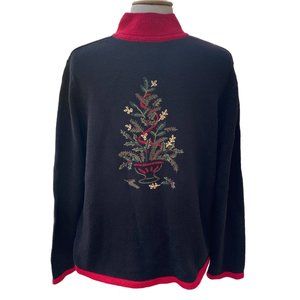 Vintage Breckenridge Embroidered Christmas Cardigan Black Zip Sz XL